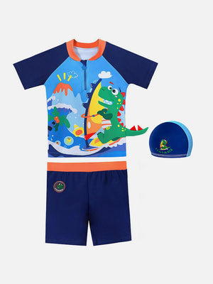 Little Surprise Box 2 pcs Shirt & Shorts set Blue 3d Dino Surfer Kids Swimwear with matching Swim Cap with UPF 50+ - 110 Kids Swimwear