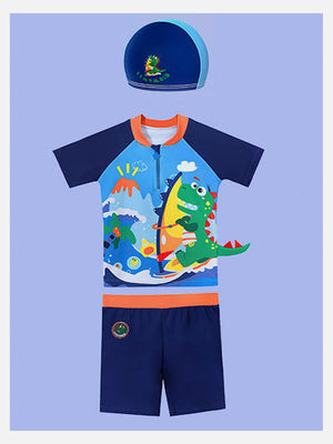 Little Surprise Box 2 pcs Shirt & Shorts set Blue 3d Dino Surfer Kids Swimwear with matching Swim Cap with UPF 50+ - 110 Kids Swimwear