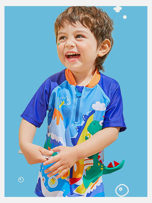 Little Surprise Box 2 pcs Shirt & Shorts set Blue 3d Dino Surfer Kids Swimwear with matching Swim Cap with UPF 50+ - 110 Kids Swimwear