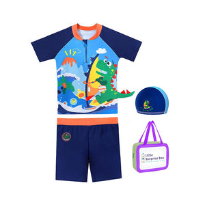Little Surprise Box 2 pcs Shirt & Shorts set Blue 3d Dino Surfer Kids Swimwear with matching Swim Cap with UPF 50+ - LSB-SW-2PSURFDINOLK110