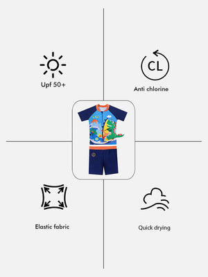 Little Surprise Box 2 pcs Shirt & Shorts set Blue 3d Dino Surfer Kids Swimwear with matching Swim Cap with UPF 50+ - 110 Kids Swimwear