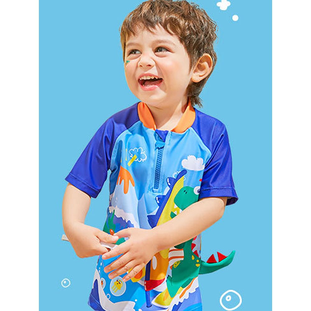 Little Surprise Box 2 pcs Shirt & Shorts set Blue 3d Dino Surfer Kids Swimwear with matching Swim Cap with UPF 50+ - LSB-SW-2PSURFDINOLK110