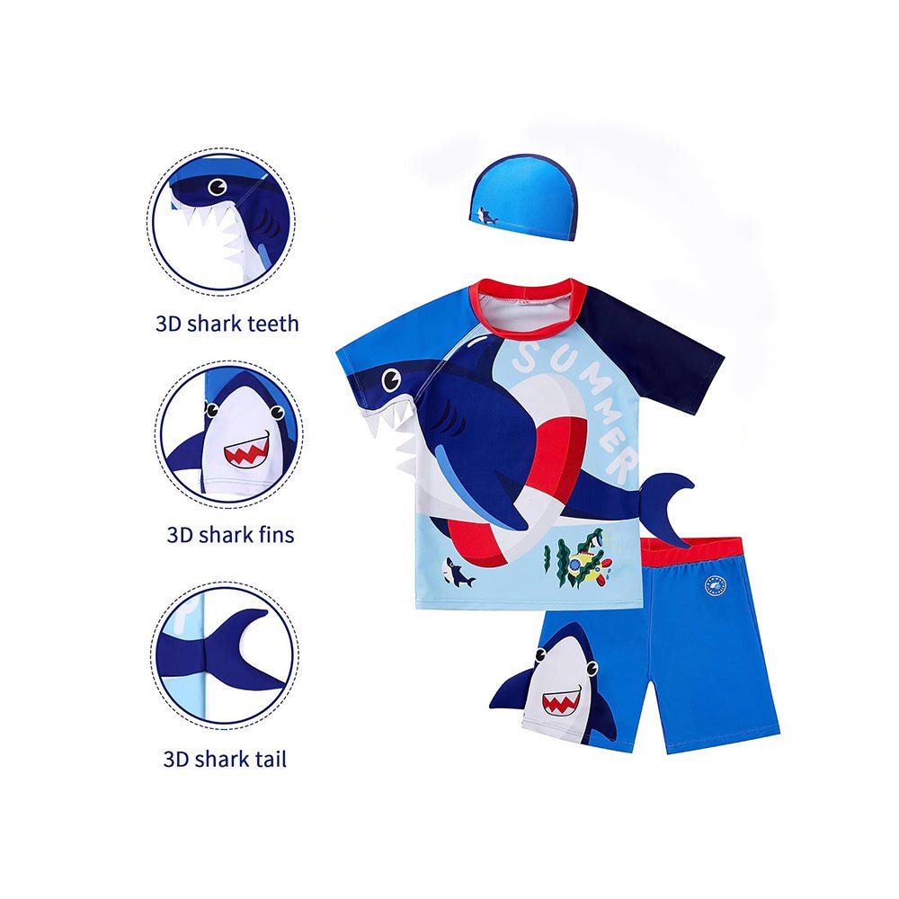 Little Surprise Box 2 pcs Shirt & Shorts set Red & Blue 3d Whale Kids Swimwear with matching swim cap with UPF 50+ - LSB-SW-2PRDBLWHLELK100