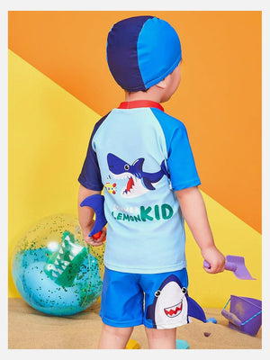 Little Surprise Box 2 pcs Shirt & Shorts set Red & Blue 3d Whale Kids Swimwear with matching swim cap with UPF 50+ - 3 - 4Years Kids Swimwear