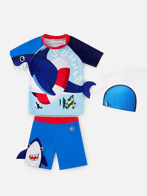 Little Surprise Box 2 pcs Shirt & Shorts set Red & Blue 3d Whale Kids Swimwear with matching swim cap with UPF 50+ - 3 - 4Years Kids Swimwear