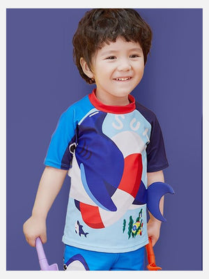 Little Surprise Box 2 pcs Shirt & Shorts set Red & Blue 3d Whale Kids Swimwear with matching swim cap with UPF 50+ - 3 - 4Years Kids Swimwear