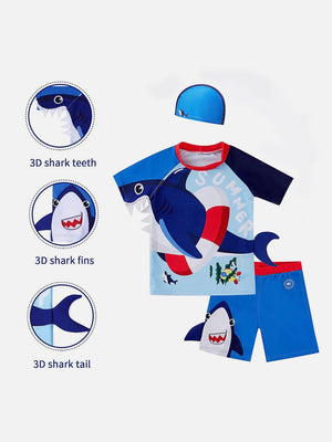Little Surprise Box 2 pcs Shirt & Shorts set Red & Blue 3d Whale Kids Swimwear with matching swim cap with UPF 50+ - 3 - 4Years Kids Swimwear