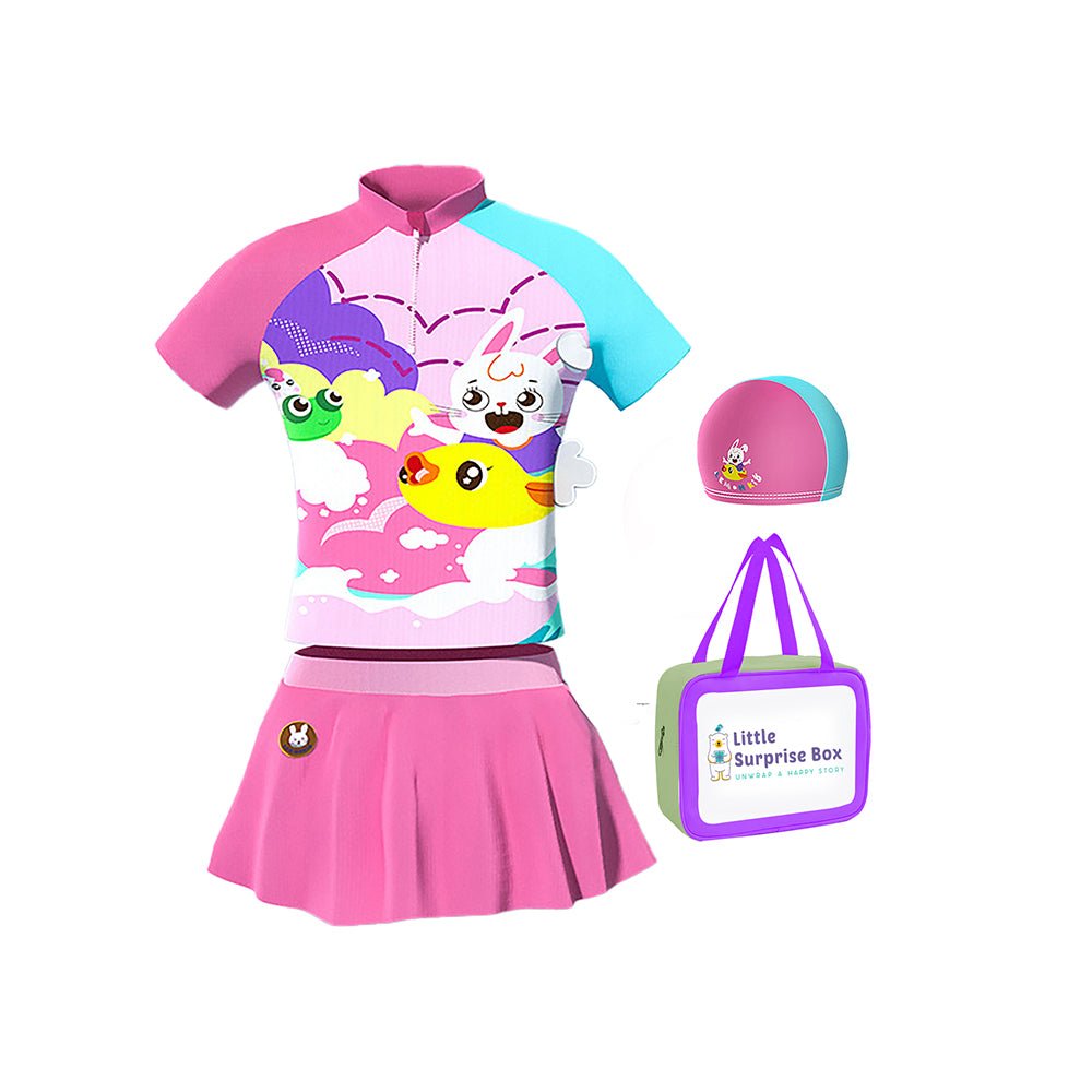 Little Surprise Box 2 pcs Shirt & Skirt set, Mint & Pink Multi Swimwear with matching swimcap for Kids with UPF 50+ - LSB-SW-2PMNTMULTI110
