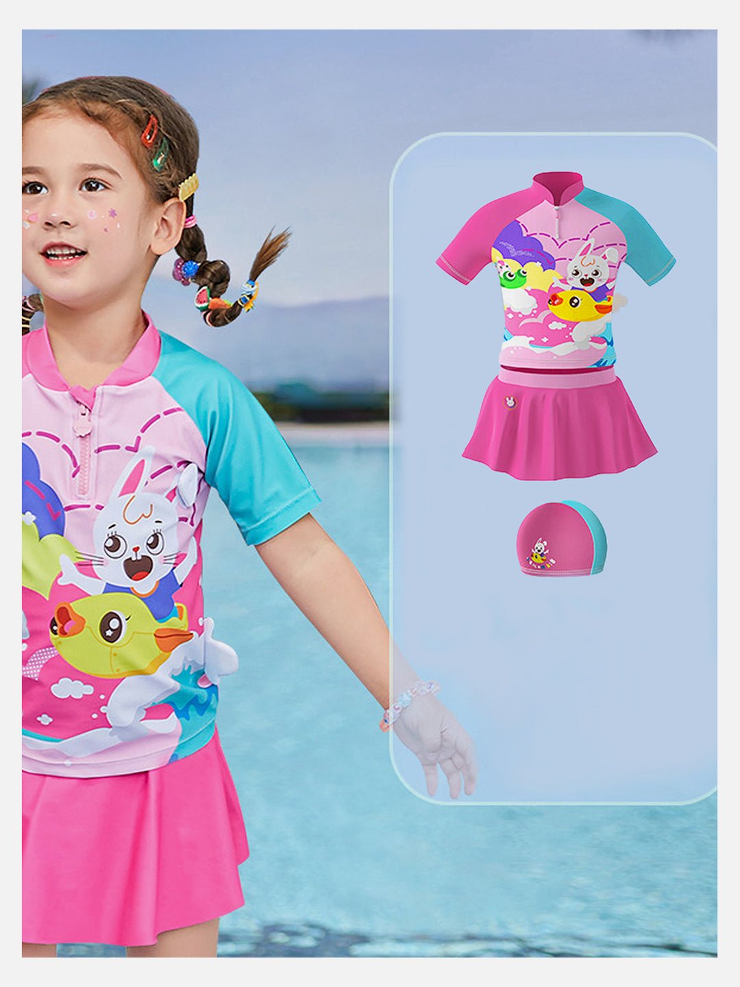 Little Surprise Box 2 pcs Shirt & Skirt set, Mint & Pink Multi Swimwear with matching swimcap for Kids with UPF 50+ - LSB - SW - 2PMNTMULTI110