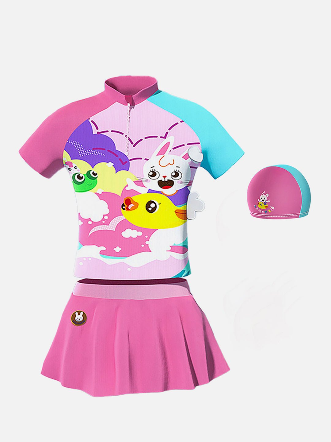 Little Surprise Box 2 pcs Shirt & Skirt set, Mint & Pink Multi Swimwear with matching swimcap for Kids with UPF 50+ - LSB - SW - 2PMNTMULTI110