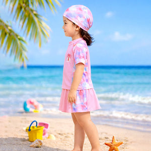 Little Surprise Box 2 Pcs Top & Skort Set Peach Pink Tie-Dye Side Panel UPF 50+ Swimwear with Matching Swim Cap for Girls With Free Wash Bag (Copy) - Kids Swimwear