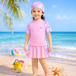 Little Surprise Box 2 Pcs Top & Skort Set Peach Pink Tie-Dye Side Panel UPF 50+ Swimwear with Matching Swim Cap for Girls With Free Wash Bag (Copy) - Kids Swimwear