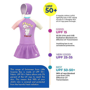 Little Surprise Box 2 Pcs Top & Skort Set Purple "Home Painter" Rabbit Print UPF 50+ Swimwear with Matching Swim Cap for Girls With Free Wash Bag - 5 - 6 Years Kids Swimwear