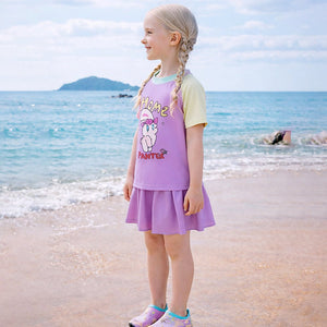 Little Surprise Box 2 Pcs Top & Skort Set Purple "Home Painter" Rabbit Print UPF 50+ Swimwear with Matching Swim Cap for Girls With Free Wash Bag - 5 - 6 Years Kids Swimwear