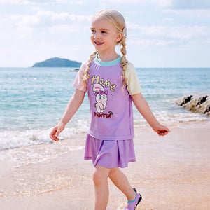 Little Surprise Box 2 Pcs Top & Skort Set Purple "Home Painter" Rabbit Print UPF 50+ Swimwear with Matching Swim Cap for Girls With Free Wash Bag - 5 - 6 Years Kids Swimwear