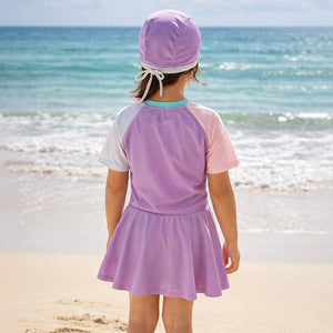 Little Surprise Box 2 Pcs Top & Skort Set Purple "Home Painter" Rabbit Print UPF 50+ Swimwear with Matching Swim Cap for Girls With Free Wash Bag - 5 - 6 Years Kids Swimwear