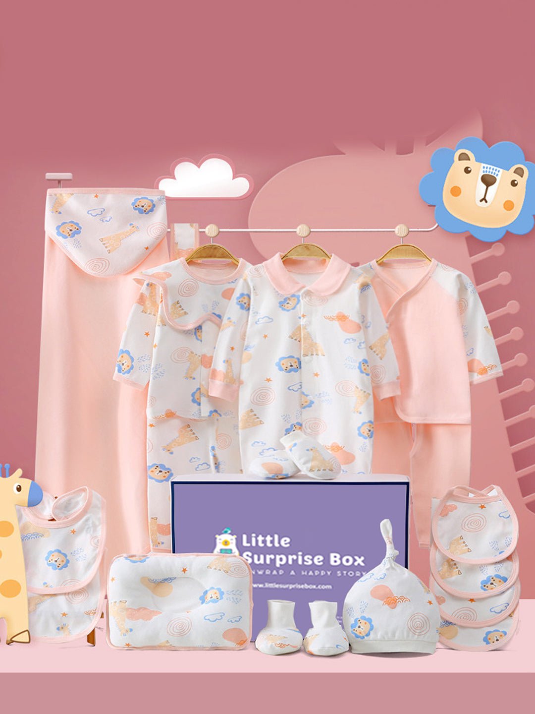 Little Surprise Box, 20 pcs Animal Kingdom Newborn Baby Girl/ Boy Gift Box Hamper (0 - 12 months) - LSB - BS20 - PNKANIMALS