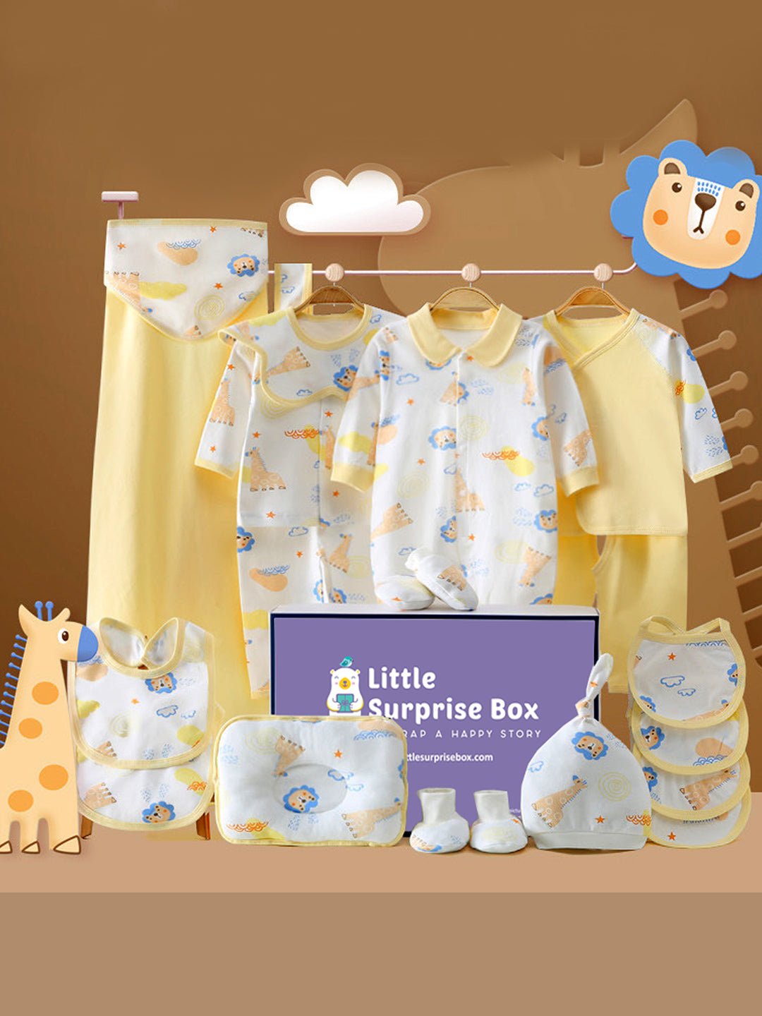 Little Surprise Box, 20 pcs Animal Kingdom Newborn Baby Girl/ Boy Gift Box Hamper (0 - 12 months) - LSB - BS20 - YELWANIMALS