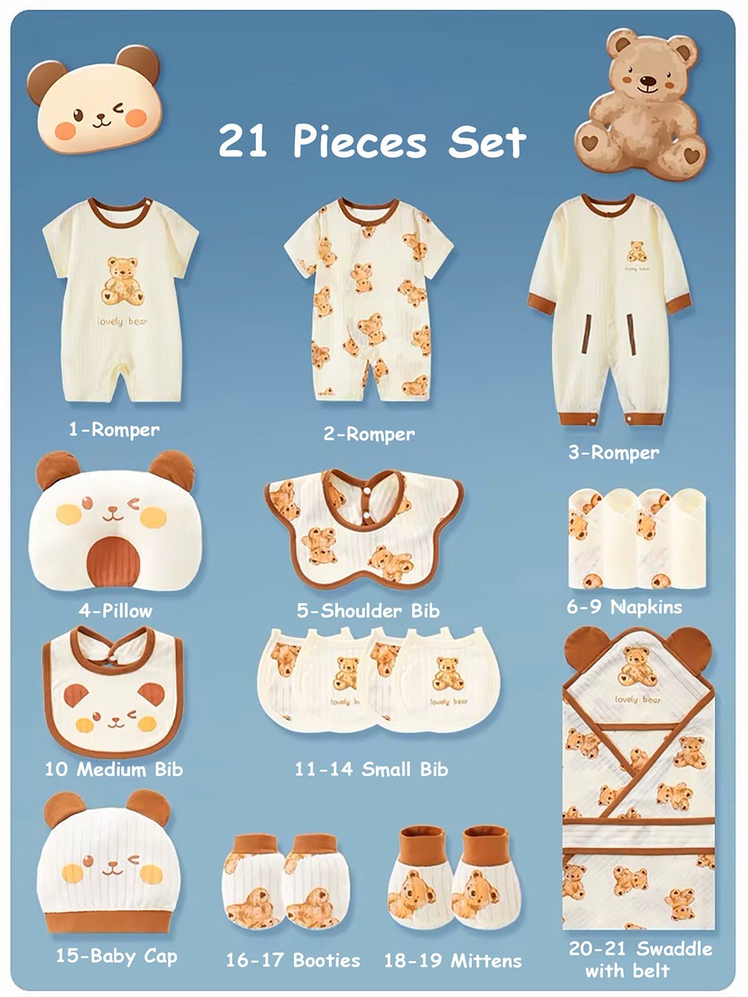 Little Surprise Box, 21 pcs Brown Cream Lovely Bear Newborn Baby Girl/ Boy Gift Box Hamper (0 - 12 months) - LSB - BS21 - BRNWLOVLYBEAR
