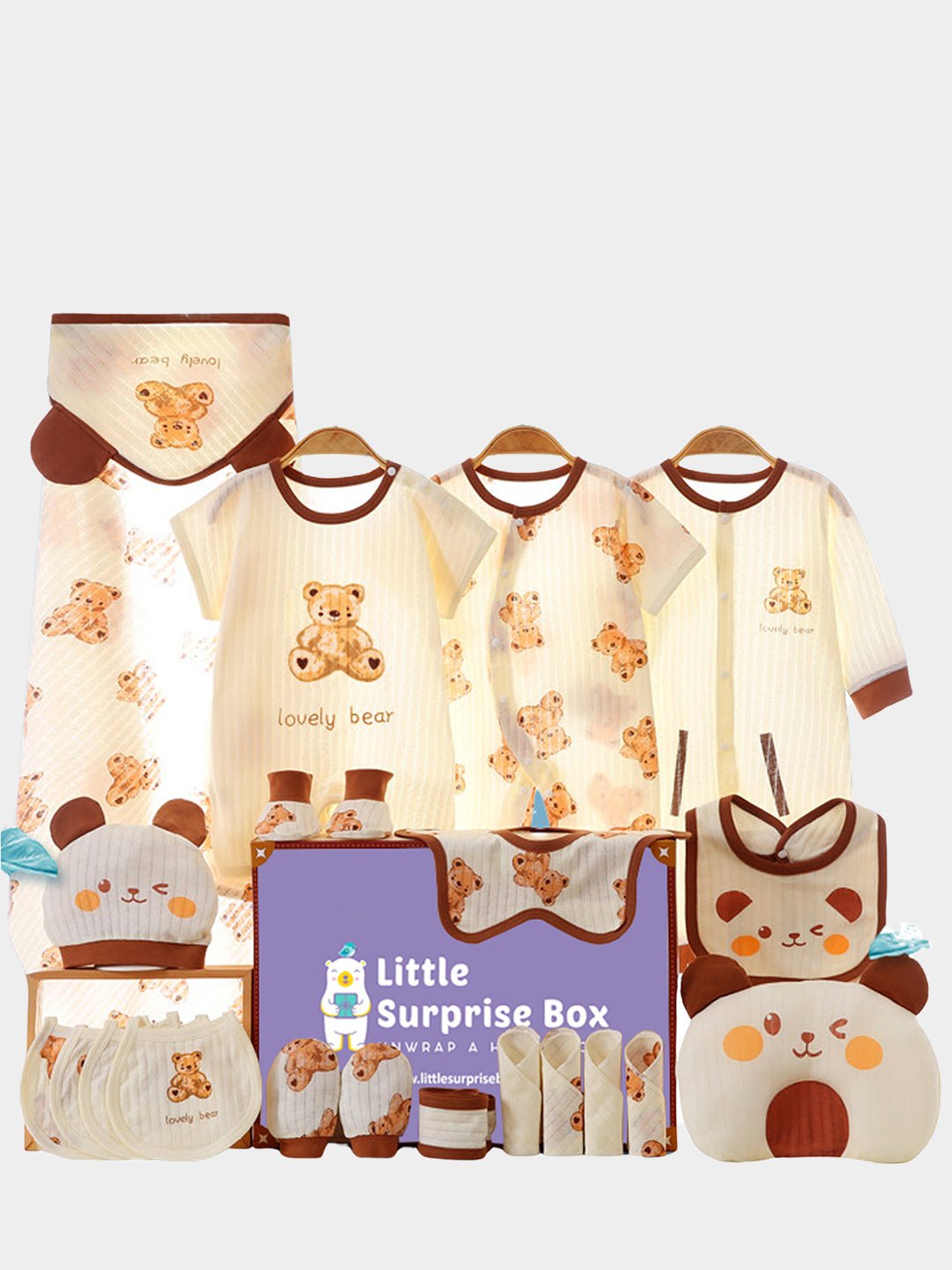Little Surprise Box, 21 pcs Brown Cream Lovely Bear Newborn Baby Girl/ Boy Gift Box Hamper (0 - 12 months) - LSB - BS21 - BRNWLOVLYBEAR