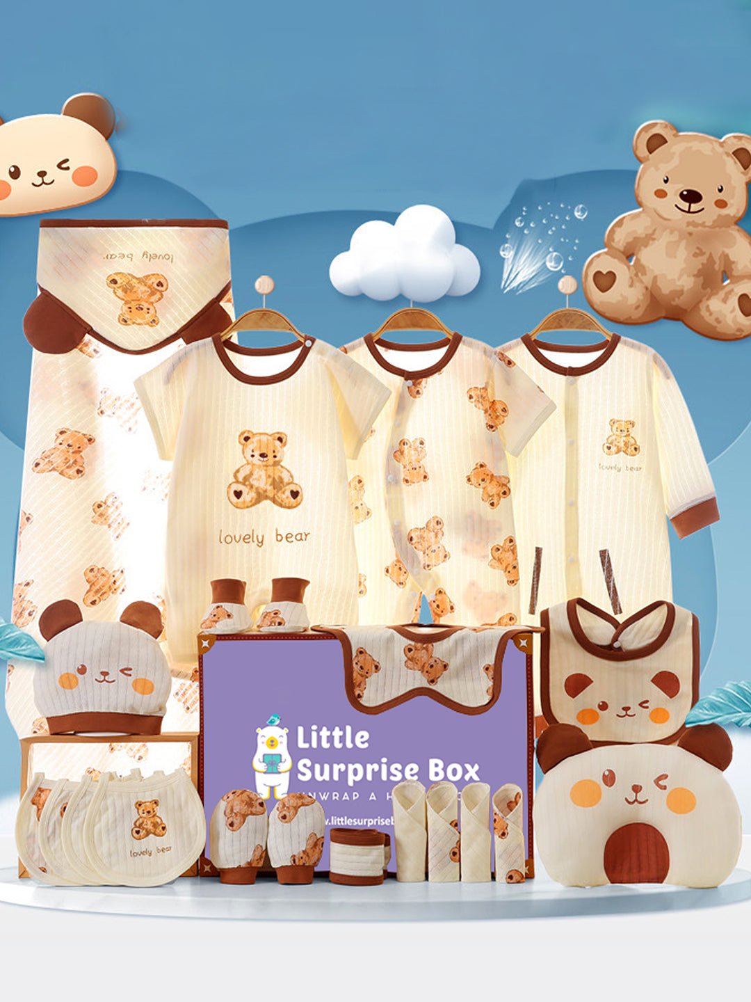 Little Surprise Box, 21 pcs Brown Cream Lovely Bear Newborn Baby Girl/ Boy Gift Box Hamper (0 - 12 months) - LSB - BS21 - BRNWLOVLYBEAR