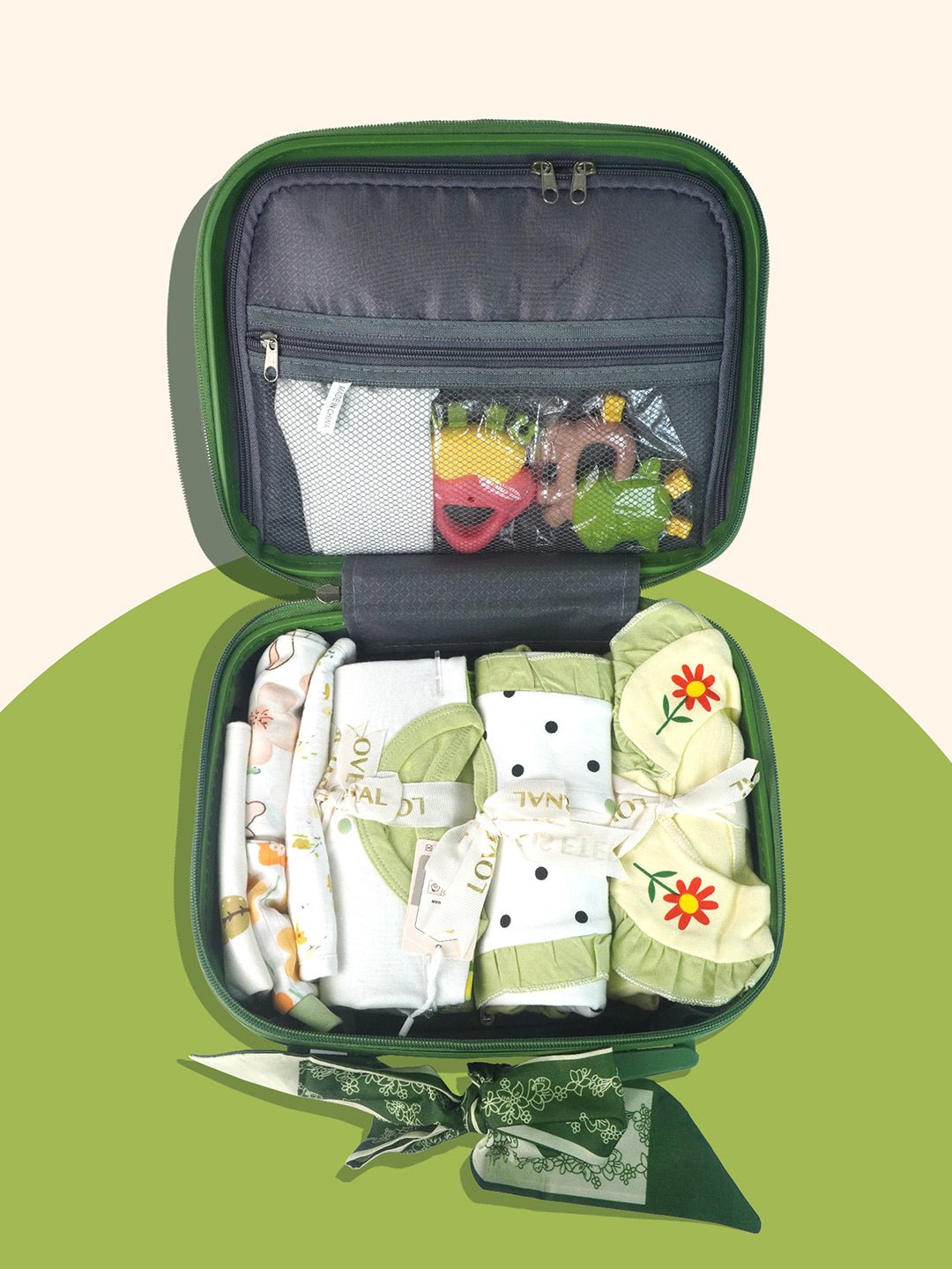 Little Surprise Box, 21 pcs Olive Baby Bear theme Birthday Gift Hamper set for Baby Girls with travelling Suitcase - LSB - FSTBDAY - 21 - OLVEBEAR - SC