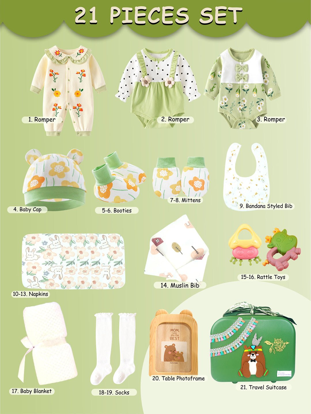 Little Surprise Box, 21 pcs Olive Baby Bear theme Birthday Gift Hamper set for Baby Girls with travelling Suitcase - LSB - FSTBDAY - 21 - OLVEBEAR - SC