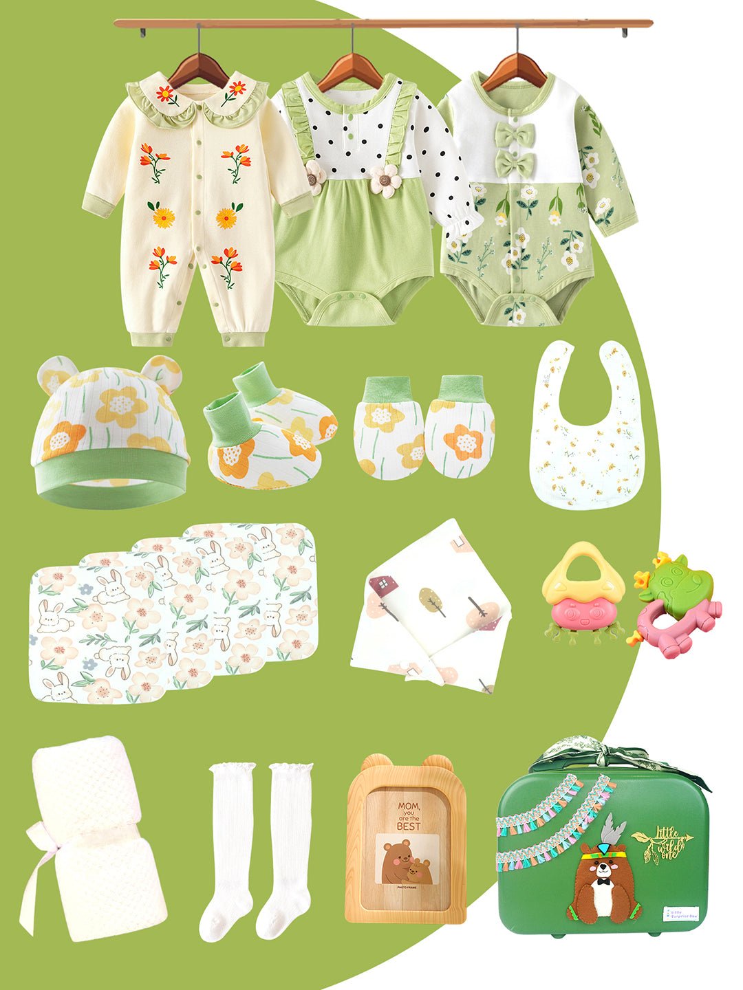 Little Surprise Box, 21 pcs Olive Baby Bear theme Birthday Gift Hamper set for Baby Girls with travelling Suitcase - LSB - FSTBDAY - 21 - OLVEBEAR - SC