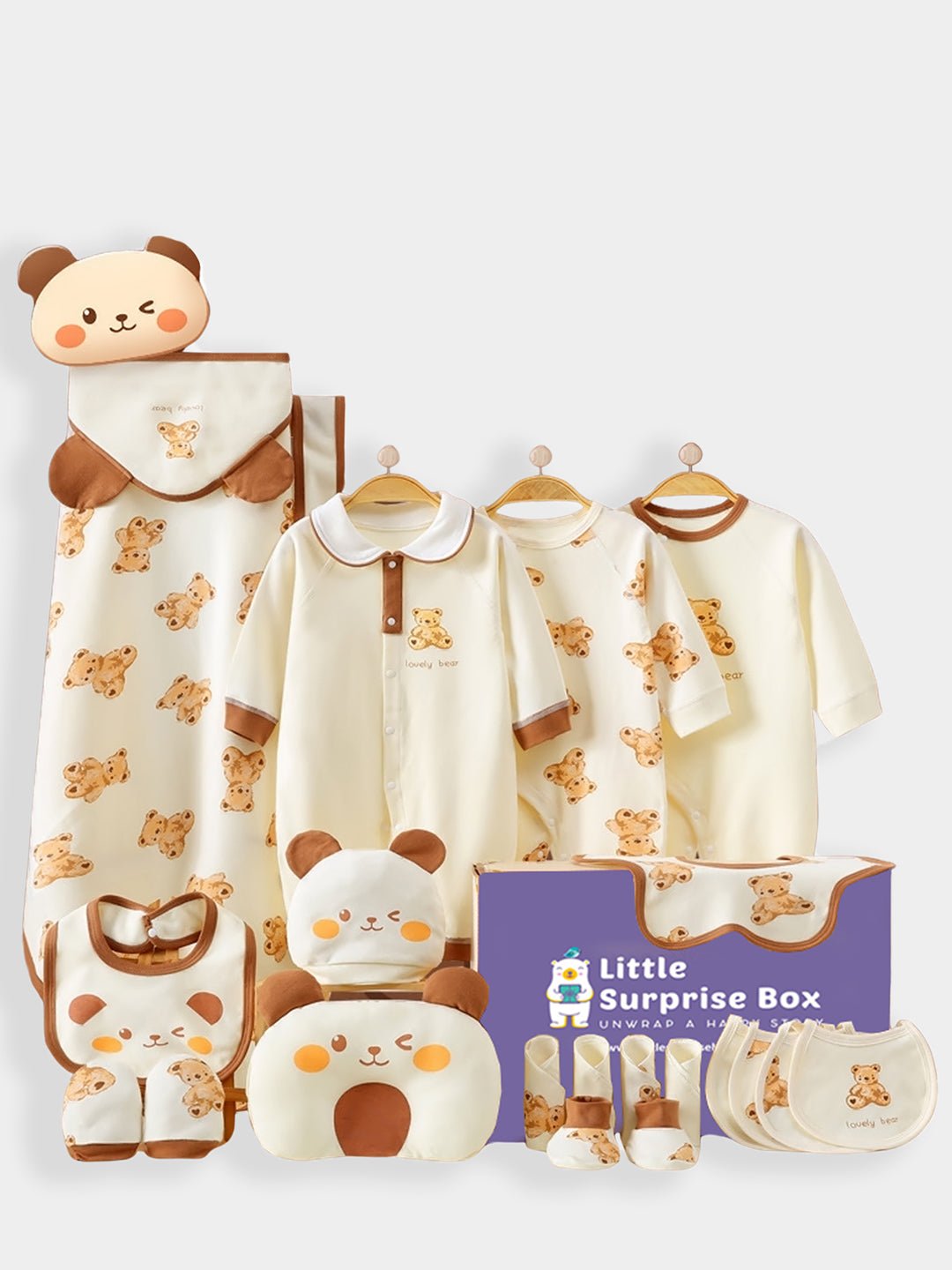 Little Surprise Box 21 Pcs White Cream Bear Newborn Baby Girl/Boy Gift Box, All Season Wear Hamper(0 - 12M) - LSB - BS21 - WHTECOLARBEAR