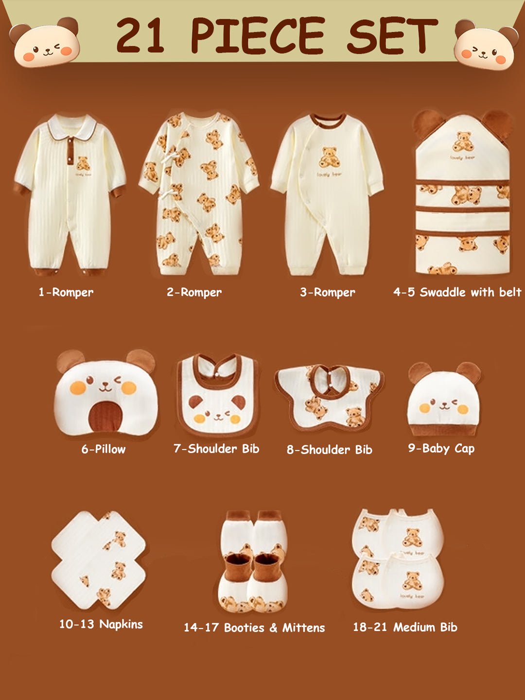 Little Surprise Box 21 Pcs White Cream Bear Newborn Baby Girl/Boy Gift Box, All Season Wear Hamper(0 - 12M) - LSB - BS21 - WHTECOLARBEAR