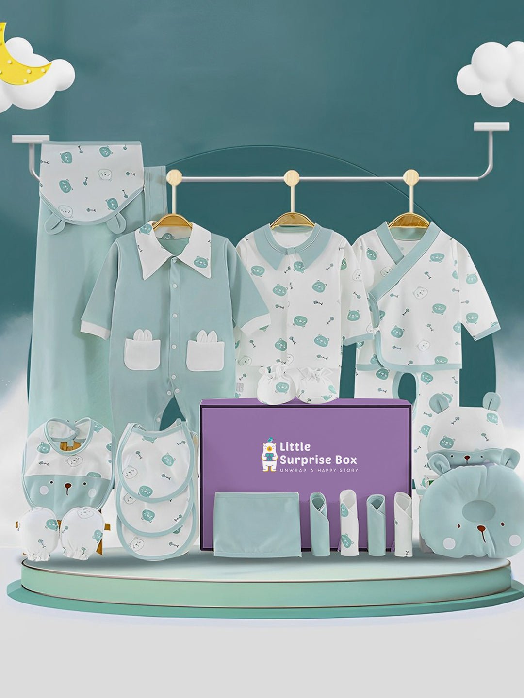 Little Surprise Box 23 Pcs Ted Face Newborn Baby Girl/Boy All Season Wear Gift Hamper Box - LSB - BS - 23 - GREENTEDFACE - SC