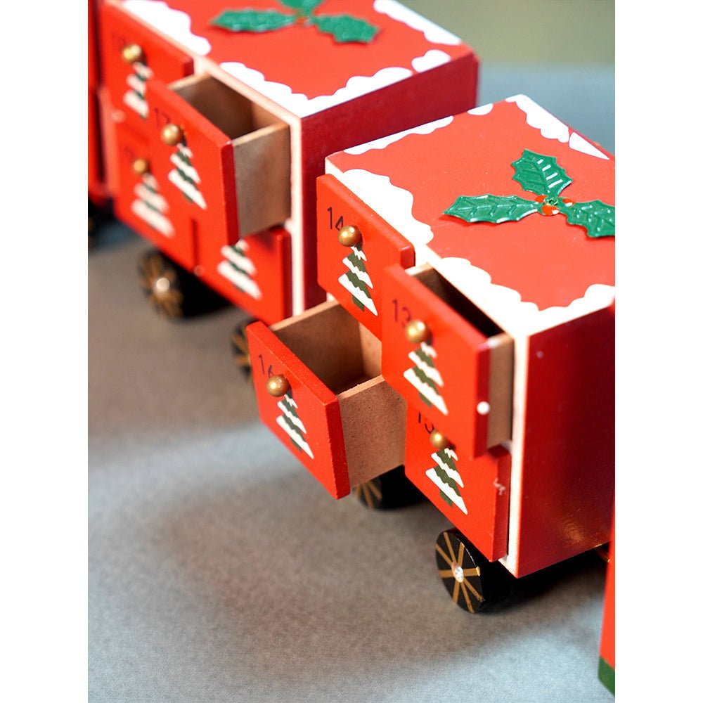 Little Surprise Box 24days Red Bogie Train shaped wooden advent Calendar for christmas - Christmas Decor
