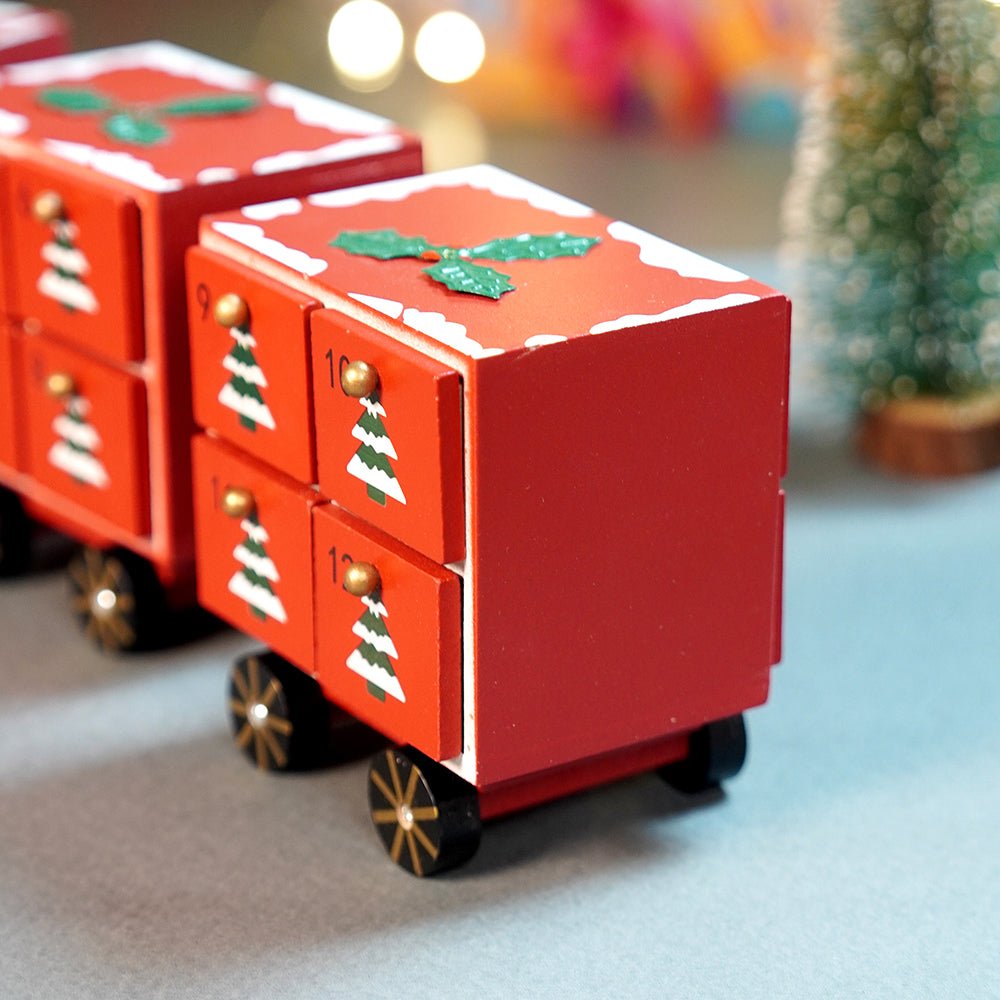 Little Surprise Box 24days Red Bogie Train shaped wooden advent Calendar for christmas - Christmas Decor