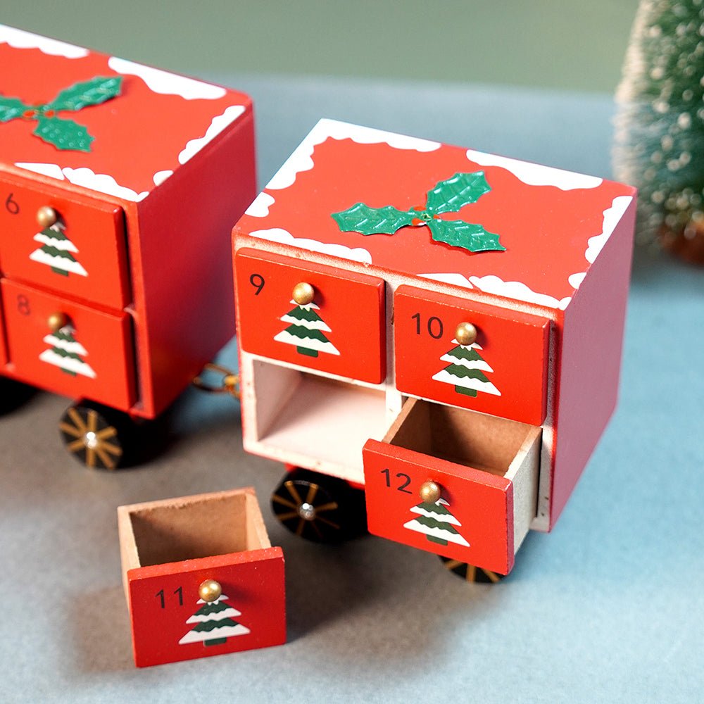 Little Surprise Box 24days Red Bogie Train shaped wooden advent Calendar for christmas - Christmas Decor