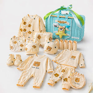 Little Surprise Box 25 pcs Beige Bear Hamper for Newborn Boy/Girl, All Season wear hamper with luxury designed blue storage cane basket 0 - 12 months - Baby Gifting