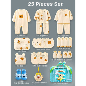 Little Surprise Box 25 pcs Beige Bear Hamper for Newborn Boy/Girl, All Season wear hamper with luxury designed blue storage cane basket 0 - 12 months - Baby Gifting