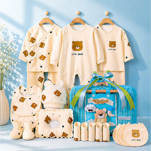 Little Surprise Box 25 pcs Beige Bear Hamper for Newborn Boy/Girl, All Season wear hamper with luxury designed blue storage cane basket 0 - 12 months - Baby Gifting