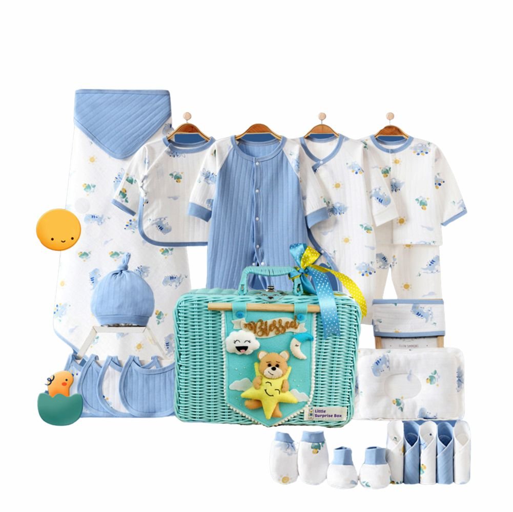 Little Surprise Box 25 pcs Blue Dino Newborn Baby Gift Hamper with Handmade Storage Basket - 0 - 6Months - LSB - BS25 - BLUDINO - BLBSK - 1