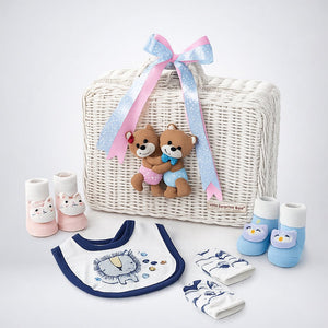 Little Surprise Box 25 Pcs Twin Baby Gift Hamper White Cane Basket | The Mom Store - Baby Gifting