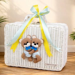 Little Surprise Box 25 Pcs Twin Boys Baby Hamper Cane Basket | The Mom Store - Baby Gifting