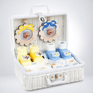 Little Surprise Box 25 Pcs Twin Boys Baby Hamper Cane Basket | The Mom Store - Baby Gifting