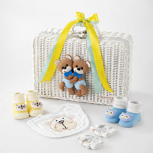 Little Surprise Box 25 Pcs Twin Boys Baby Hamper Cane Basket | The Mom Store - Baby Gifting