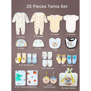 Little Surprise Box 25 Pcs Twin Boys Baby Hamper Cane Basket | The Mom Store - Baby Gifting