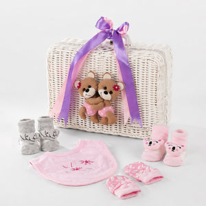 Little Surprise Box 25 Pcs Twin Girls Baby Hamper Cane Basket | The Mom Store - Baby Gifting