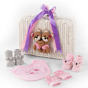 Little Surprise Box 25 Pcs Twin Girls Baby Hamper Cane Basket | The Mom Store - Baby Gifting