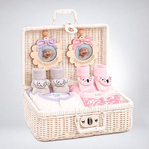 Little Surprise Box 25 Pcs Twin Girls Baby Hamper Cane Basket | The Mom Store - Baby Gifting