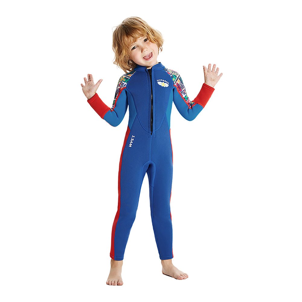 Little Surprise Box 2.5mm Neoprene Full Length Kids Swimsuit, Blue & Bright Red Travel Theme, Full Sleeves swimwear - LSB-SW-Neotravelbluefull-S