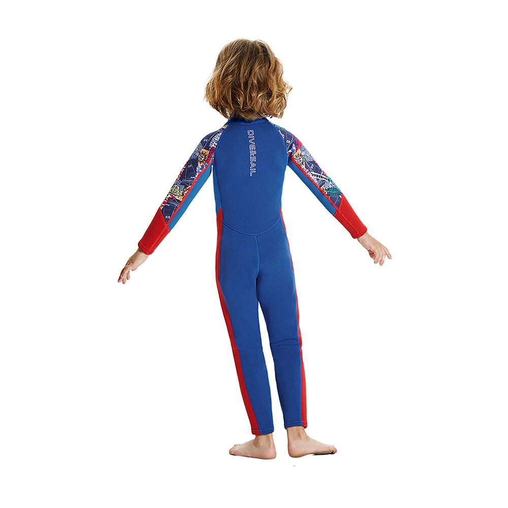 Little Surprise Box 2.5mm Neoprene Full Length Kids Swimsuit, Blue & Bright Red Travel Theme, Full Sleeves swimwear - LSB-SW-Neotravelbluefull-S