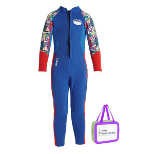 Little Surprise Box 2.5mm Neoprene Full Length Kids Swimsuit, Blue & Bright Red Travel Theme, Full Sleeves swimwear - LSB-SW-Neotravelbluefull-S