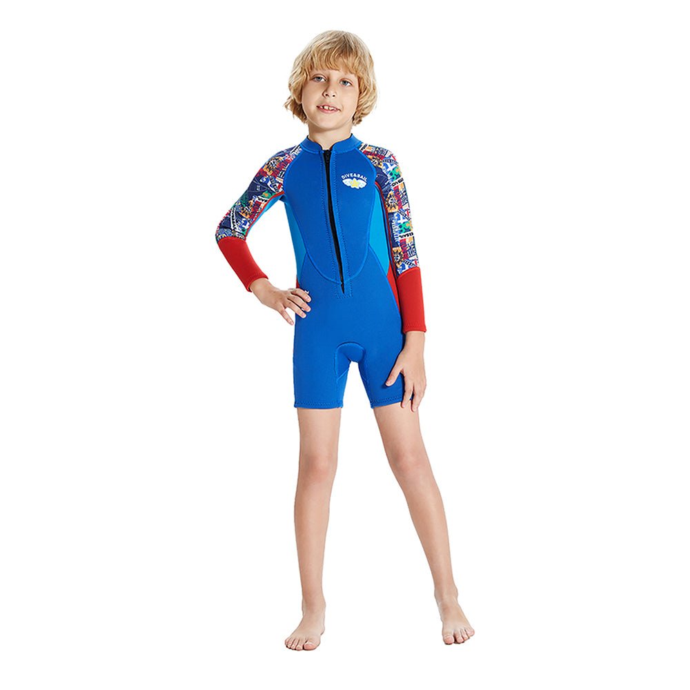 Little Surprise Box 2.5mm Neoprene Knee Length Kids Swimsuit, Blue & Bright Red Travel Theme, Full Sleeves swimwear - LSB-SW-Neotravelbluefullknee-S